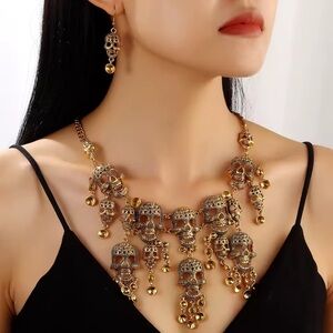 Gothic Bronze Skull Necklace & Earrings Set – Statement Punk Jewelry